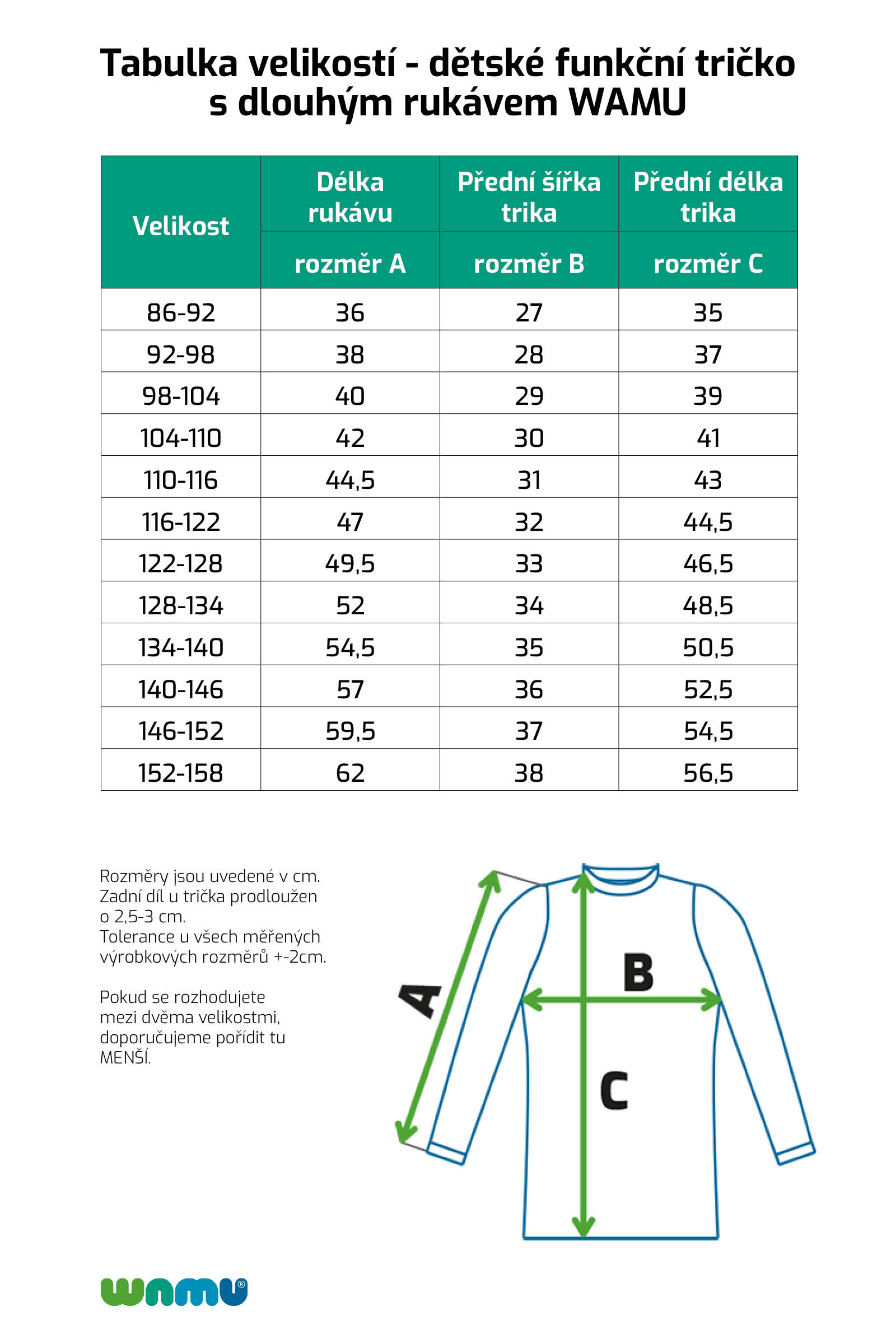 Tabulka velikostí - dětské funkční tričko s dlouhým rukávem WAMU